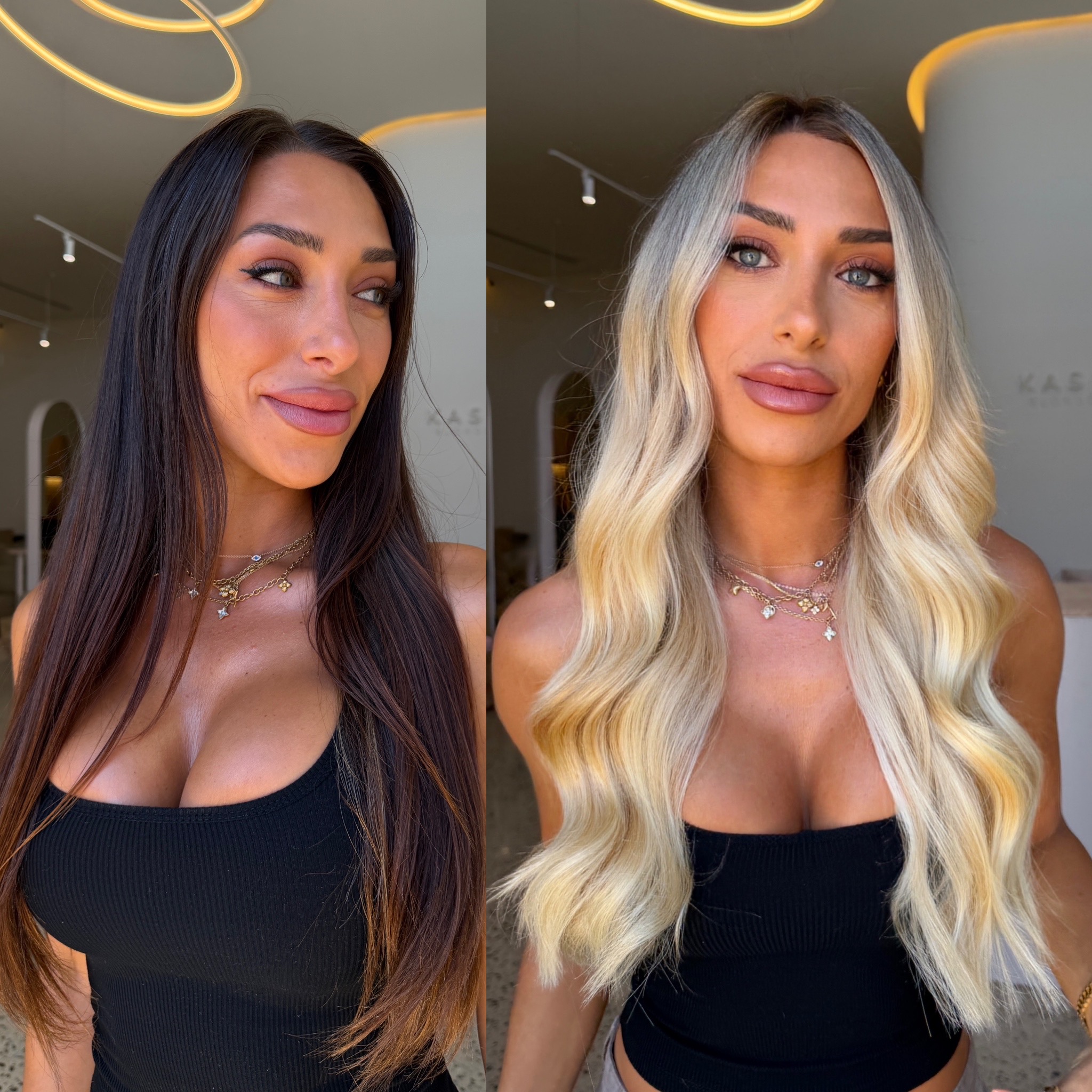 Wavy long blonde hair styled to the side, featuring the Platinum Blonde Service by blonde hairdresser in Melbourne.