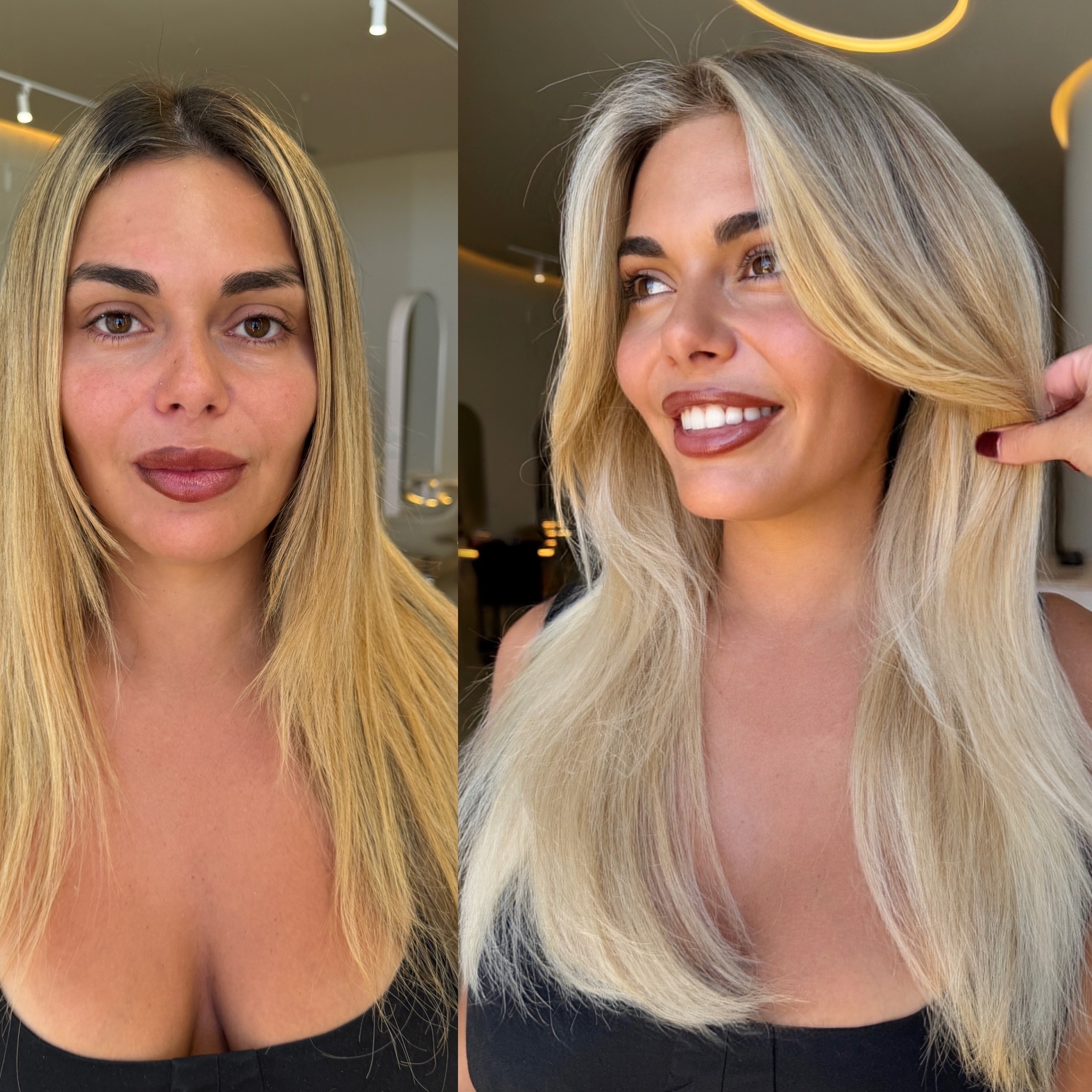 Wavy long blonde hair styled to the side, featuring the Platinum Blonde Service by blonde hairdresser in Melbourne.
